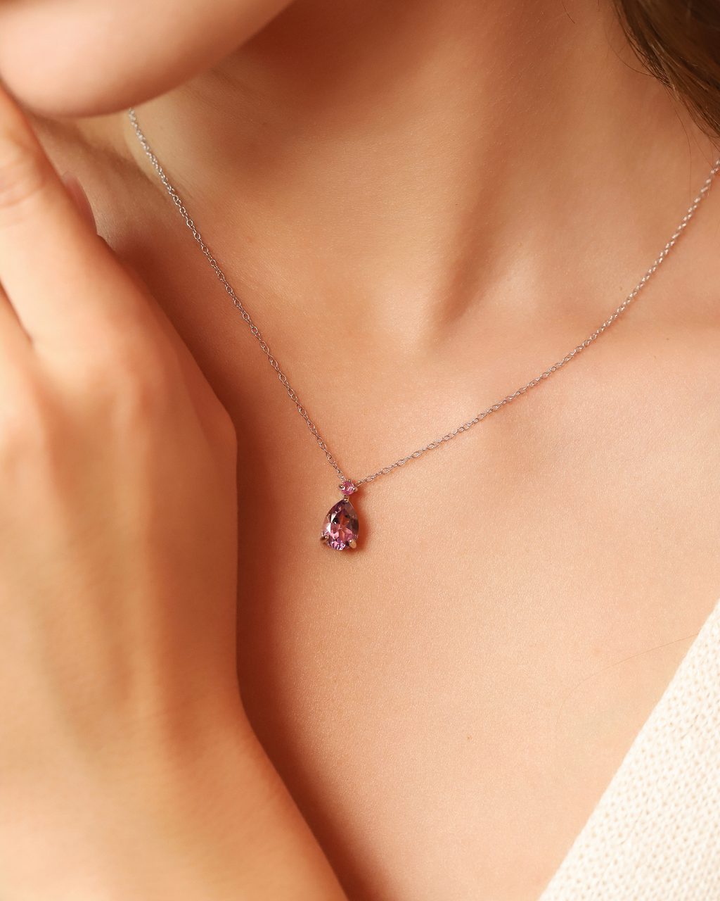 Pink Ruby & Amethyst Pear Cut Pendant Necklace in Sterling Silver