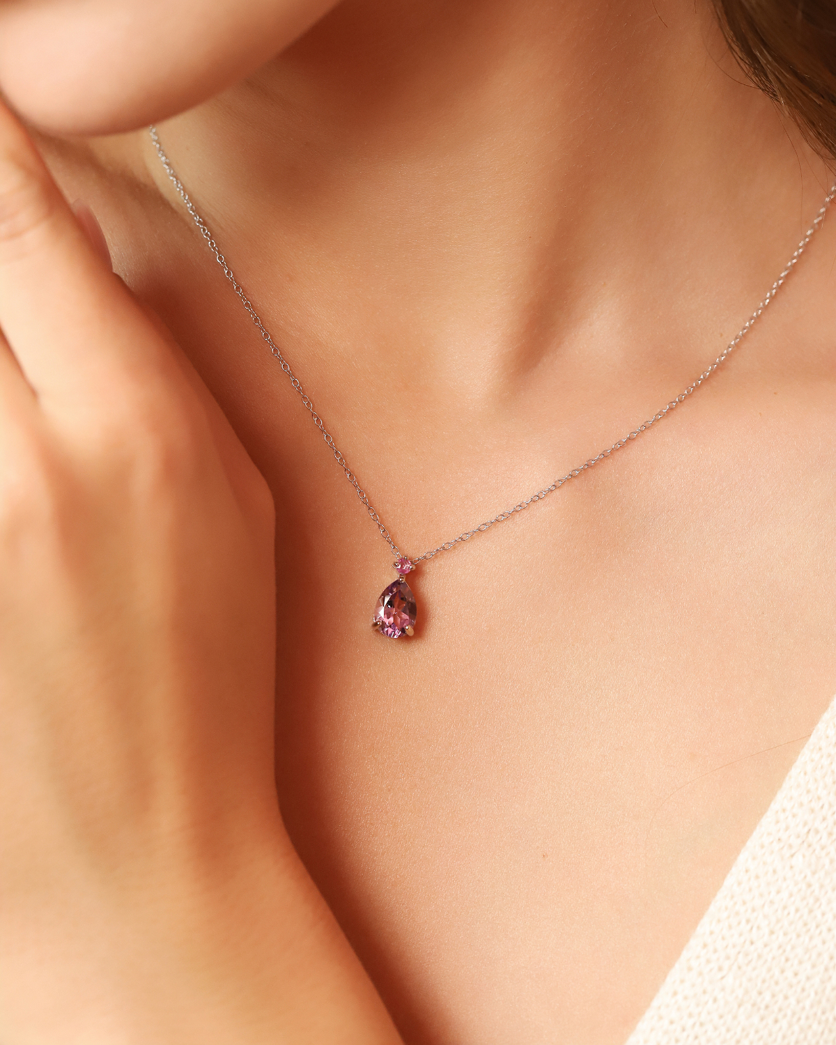 Pink Ruby & Amethyst Pear Cut Pendant Necklace in Sterling Silver