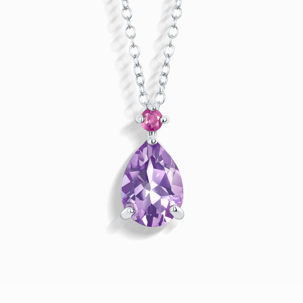 Pink Ruby & Amethyst Pear Cut Pendant Necklace in Sterling Silver