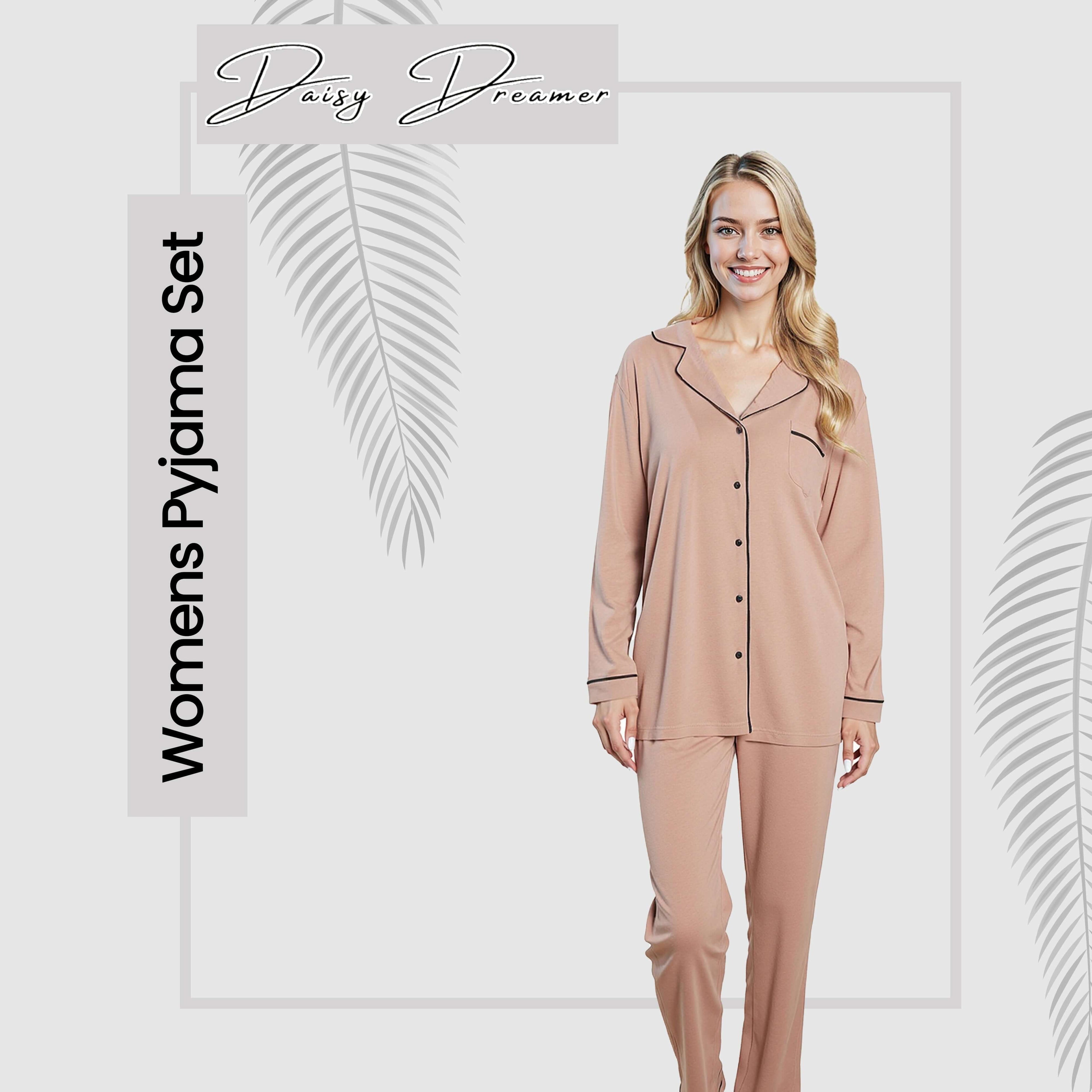 Women's Natural Pyjama Set Soft Touch Long Sleeve Button-Up Top & Bottoms Two-Piece Nightwear by Daisy Dreamer